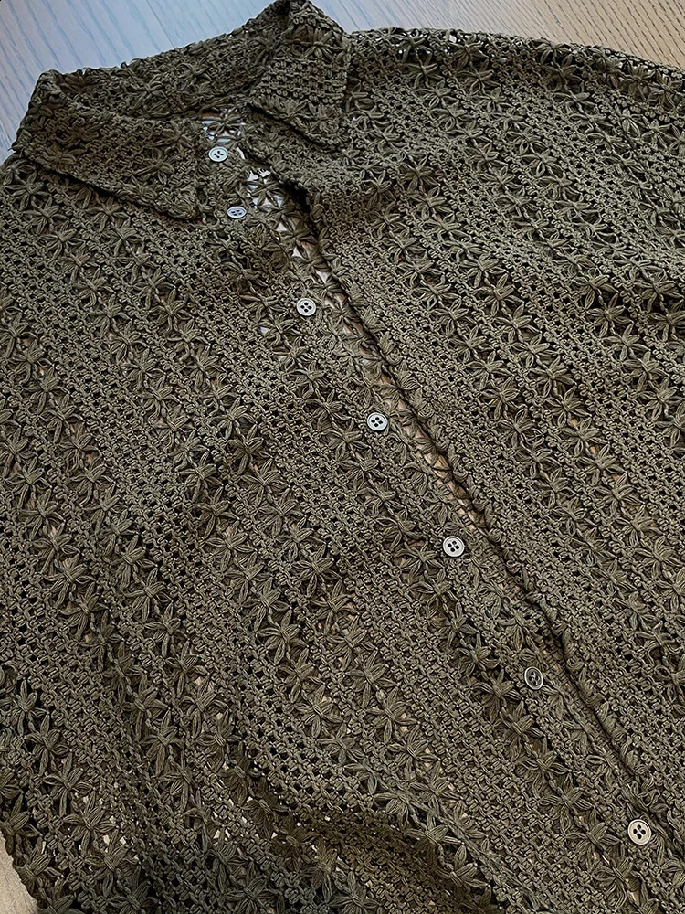 Hollow Shirt Mens Summer Retro Full Match Breathable Short Sleeve Japanese Style Harajuku Vocal Knitted Handsome and Simple 250224