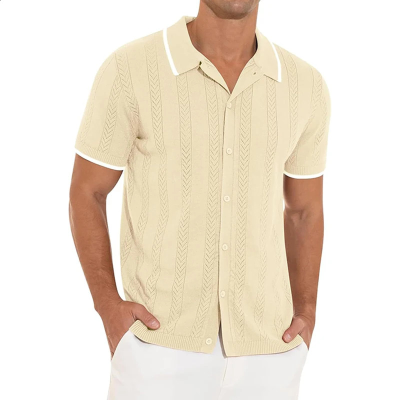 Summer Beach Breathable Hollow Out Shirts Mens Casual Short-sleeved Button Lapel Knit Shirt Vintage Patchwork Knitting Cardigans 250224