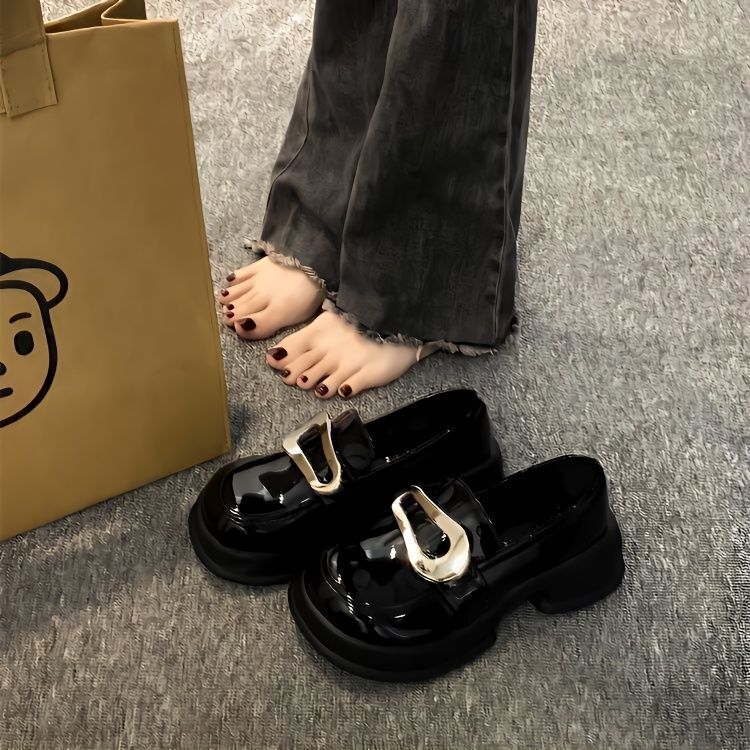 Thick Soled Round Toe Small Leather For Women, 2024 Autumn New Style French Sweet And Cool Mary Jane Shoes, Black Metal Le Fu Shoes