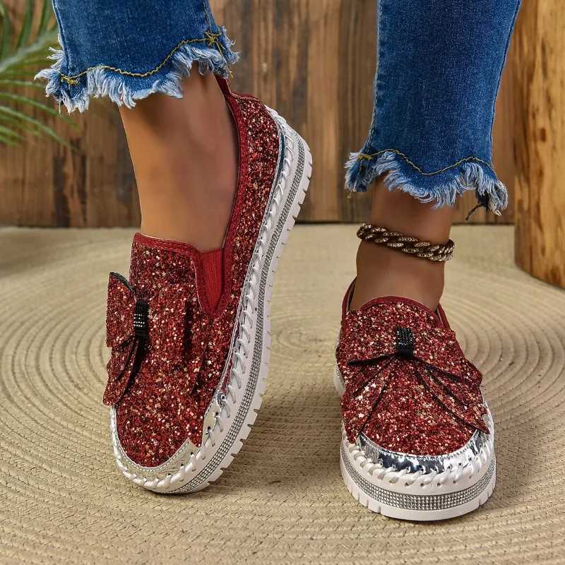 Shoes Women New Flats Sequined Sneakers Casual Women Lace-up Fine Diamond Sequins Platform Vulcanized Shoes M250303