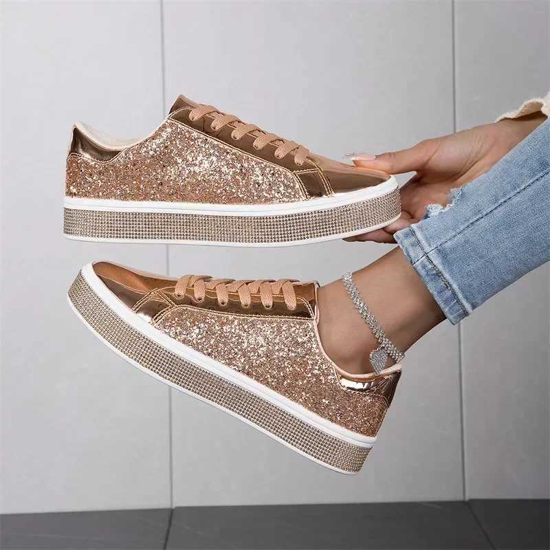 Sequin Pink Leather Tennis Glitter Slip on Casual Sneaker Women Spring Autumn Comfort Lace-up Flat Gold Womens Shoes M250303