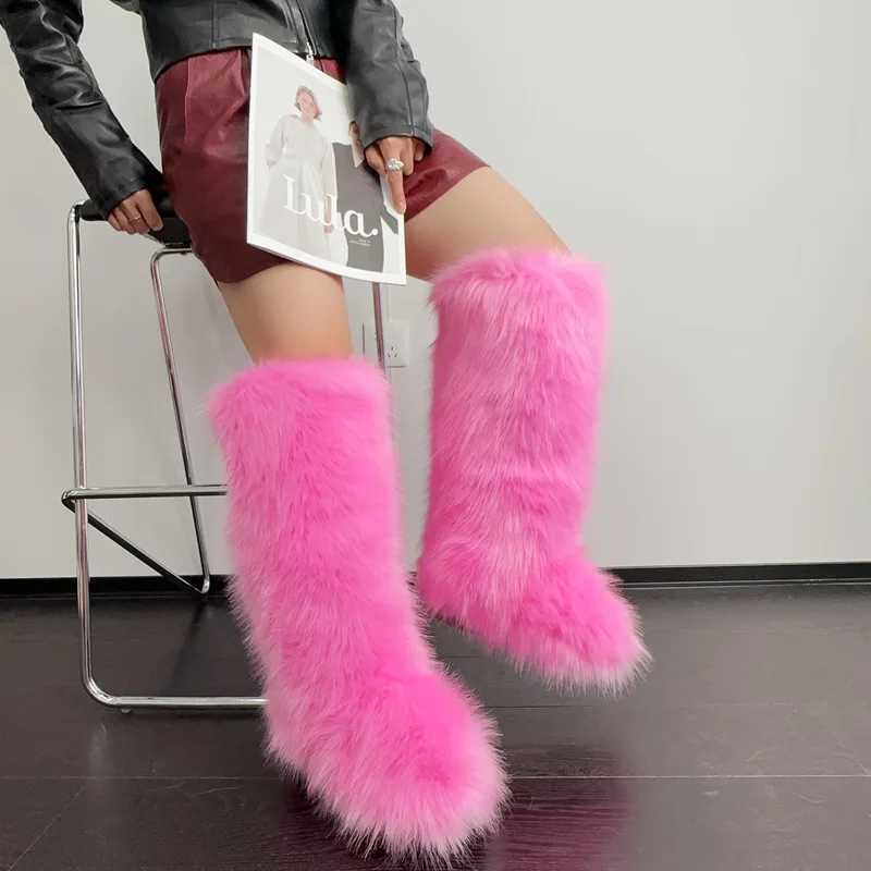 Luxury Y2K fur snow boots for women in winter 2024 50cm thick and high fluffy synthetic fur boots on the knee womens plush warm platform shoes Z250303