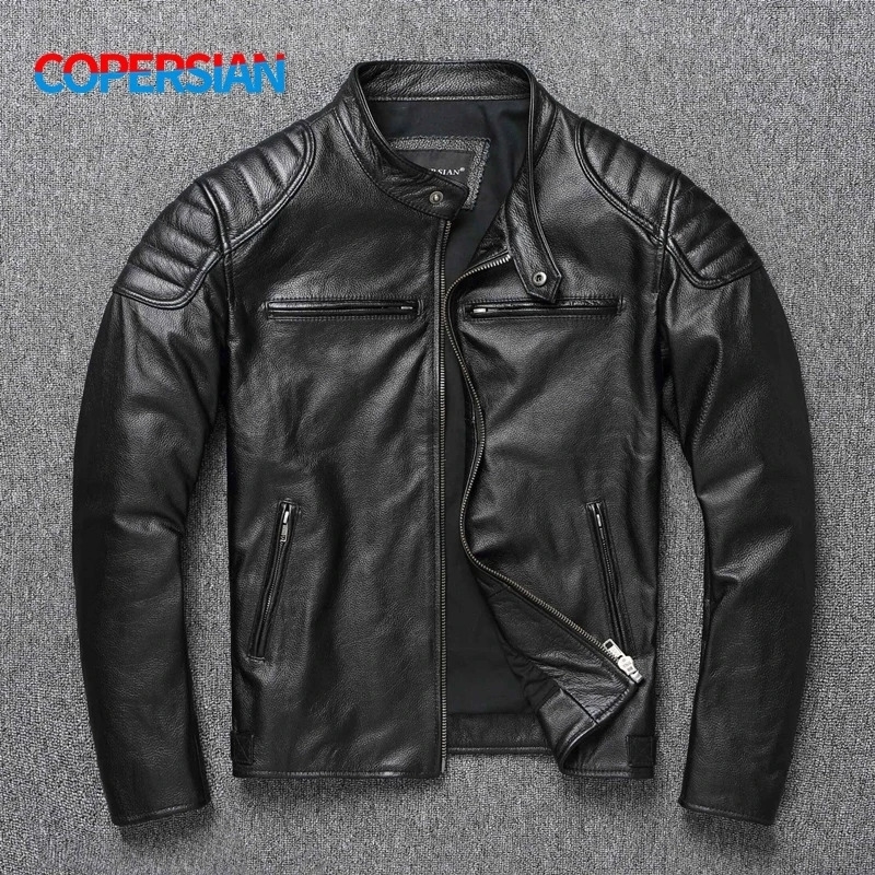 Leather Jacket Top Layer 100% Cowhide Clothes Mens Stand Collar Motorcycle Autumn Winter Plus Size w250210