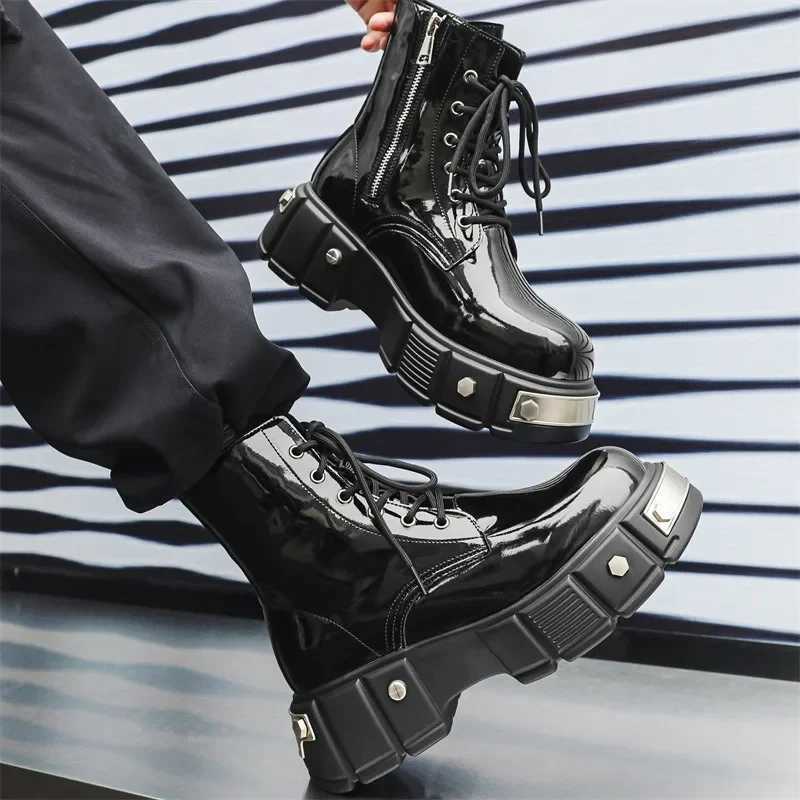 Luxury Men Boots Original Black Motorcycle Round Toe Side Zipper Punk Boots for Men Metal decoration Height Increasing Shoes Men Z250303