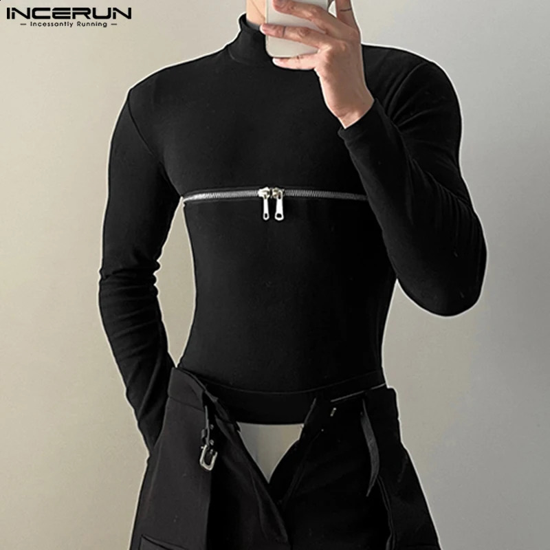 INCERUN Mens T Shirts Solid Color Turtleneck Long Sleeve Fitness Streetwear Shirts Hollow Out Zipper Casual Mens Clothing 250226