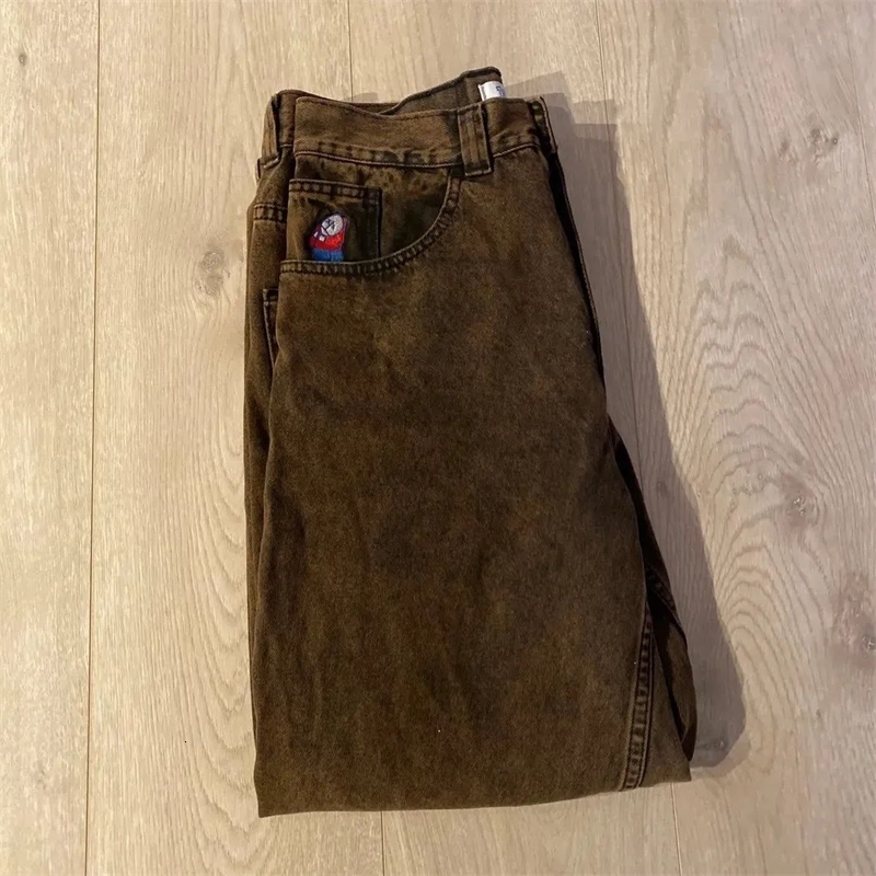 Harajuku Polar Big Boy Baggy Jeans Y2K Pants Gothic Graphic Brown Embroidery High Waist Jeans Wide Trousers Men Clothing 250228