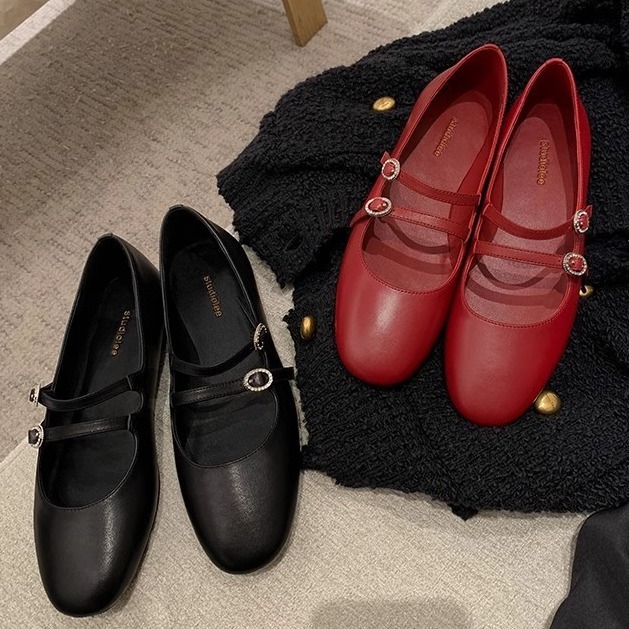 Instant Grape Mom Same Cute Round Head Diamond Double Buckle with Commuter Small Low Heel Mary Jane Single Shoe