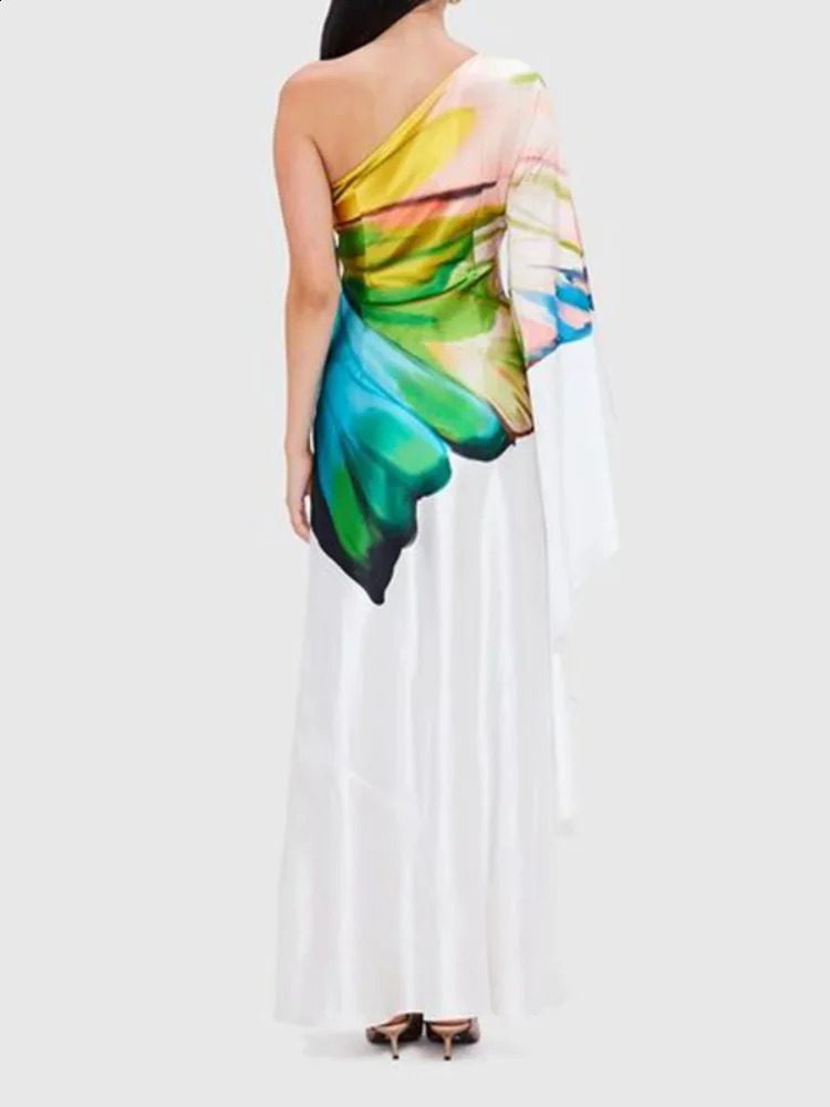 Onecozyday Womens Printed Elegant Evening Dress Single Shoulder Long Sleeve High Waist Folded Asymmetric 250228