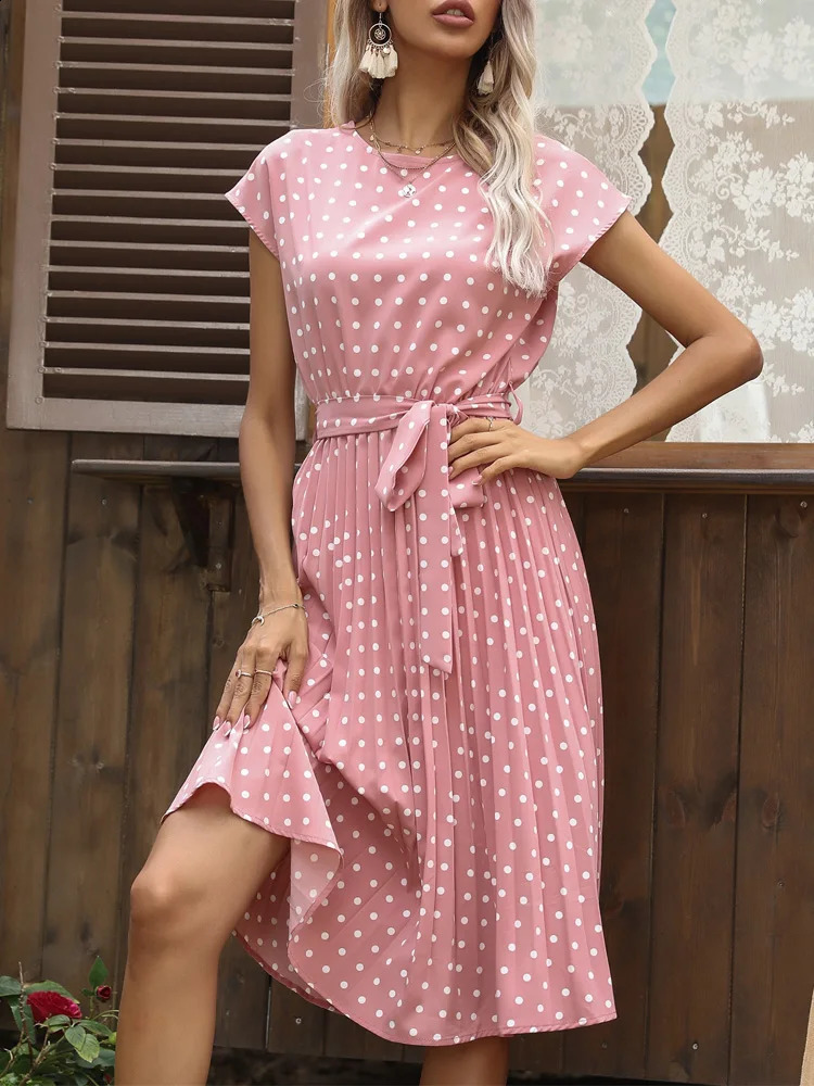 Benuynffy ONeck Polka Dot Summer Dresses Cap Sleeve Women Knee Length Shirred Elegant Office Lady Belted ALine Dress 250228