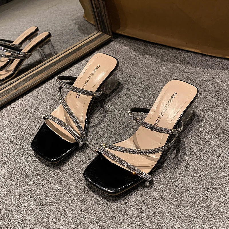 Diamond sandals womens shoes summer trend square toe crystal heel slider simple shiny skiing vacation 250228