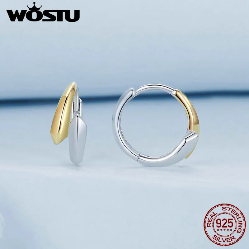 WOSTU 925 Sterling Silver Simple Two tone Hoop Earrings For Women Yellow Gold Geometry Ear Burckles Wedding Engagement Pendant 250228
