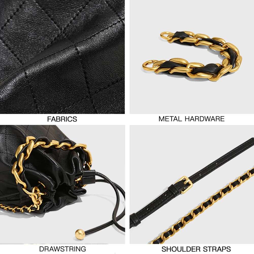 Genuine Leather Quilted Bucket Fashionable Chain Crossbody Bag Women's Argyle Embroidered Drawstring Wallet