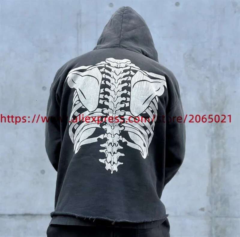 Washed SAINT Hoodie Men Women Skeleton Rib Cracking Printing Pullover