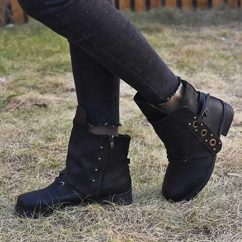 Womens Ankle Boots Women Female Autumn and Winter Low Heels Ladies PU Leather Shoes Vintage Zip Boots Drop Shipping 2024 Z250303