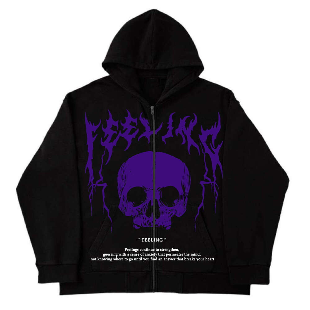 Y2K loose jacket top men's skull print Gothic dark style long sleeved zipper hooded sweatshirt