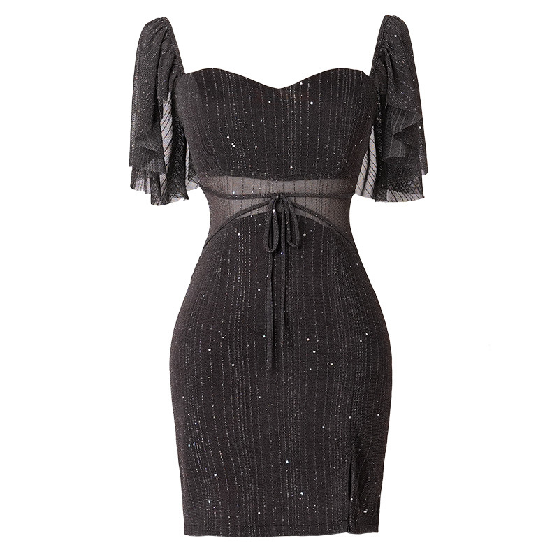 L831 New Fashion Temperament Dress Slimming Hot Girl One Shoulder Lotus Sleeve Hip Skirt Sexy Short Skirt