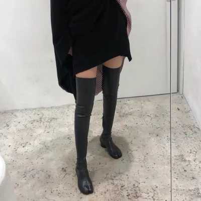 Boots mujer 2025 chunky low heel overknee long Sock boots for woman split toe black leather rain boots luxury or boots Z250303