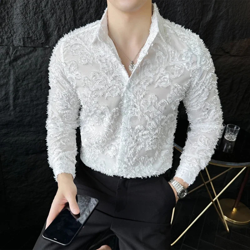 Sexy hollow shirt mens fashionable long sleeved shirt nightclub stage performance clothing casual social tailcoat streetwear 250224