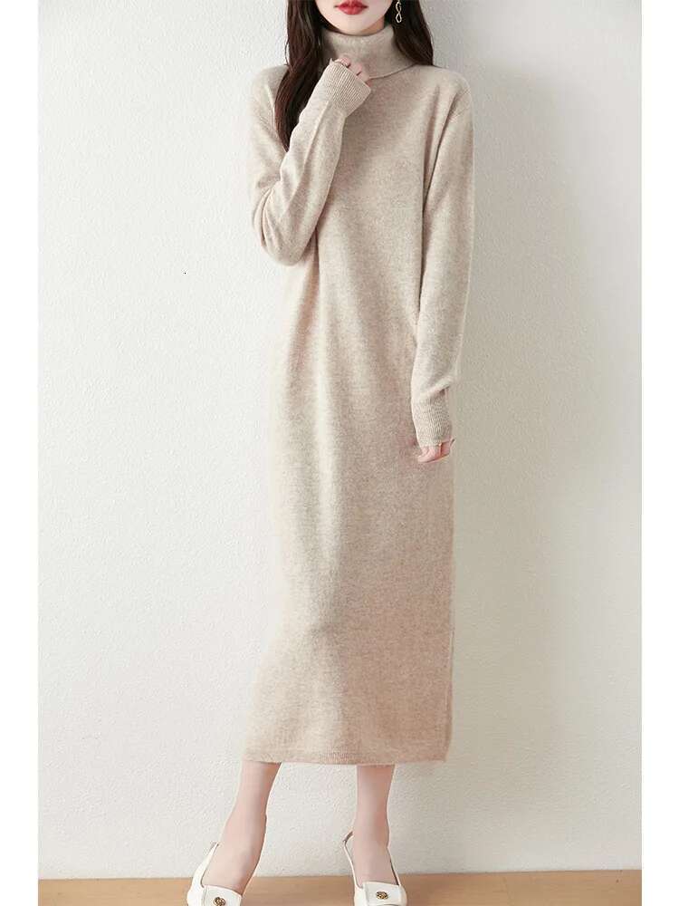 Autumn Winter Women's Turtleneck Sweater Dress Basic Pullover Casual Cashmere Skirt 100% Merino Wool Knitwear Soft Clothing