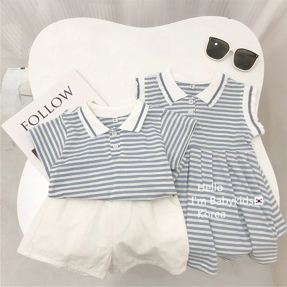 Boys and Girls Summer Clothes Striped Short Sleeve Polo Dress Brother Sister Children 250221