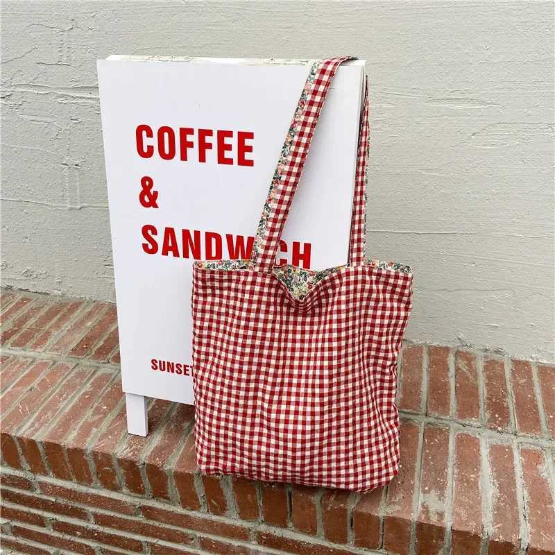 New Arrival Casual Plaid Flower Women Shopping Bag Large Capacity Ladies Daily Tote Handbags Cotton Cloth Double-sided Girls Shoulder Bags T250303