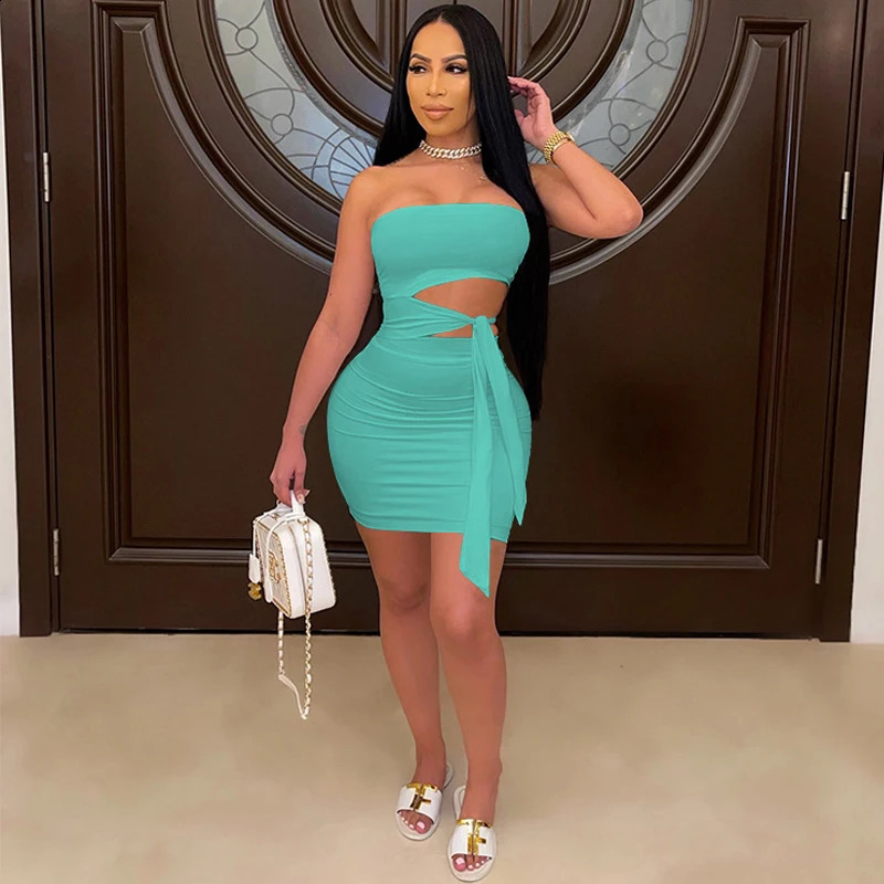 2024 Sexy Sleeveless Open Belly Bow Wrapped Chest Dress for Women Summer Bodycon Party Club Elegant Mini Lace Up Short Skirt 250227Z