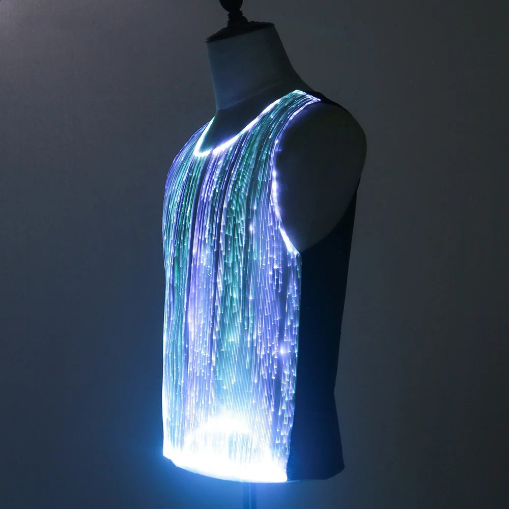 Summer Men Colorful LED Luminous Night Club T Shirts Y2K High Street Sleeveless Vest Optical Fiber Fabric Patchwork Tops 250226