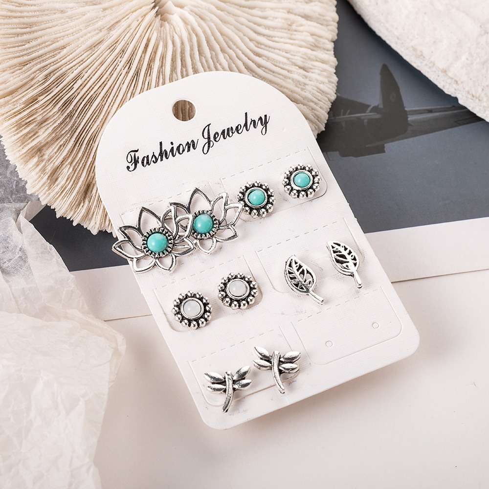 Unique Retro Dragonfly Accessory Kit Featuring Five Pairs of Exquisite Green Turquoise Earrings