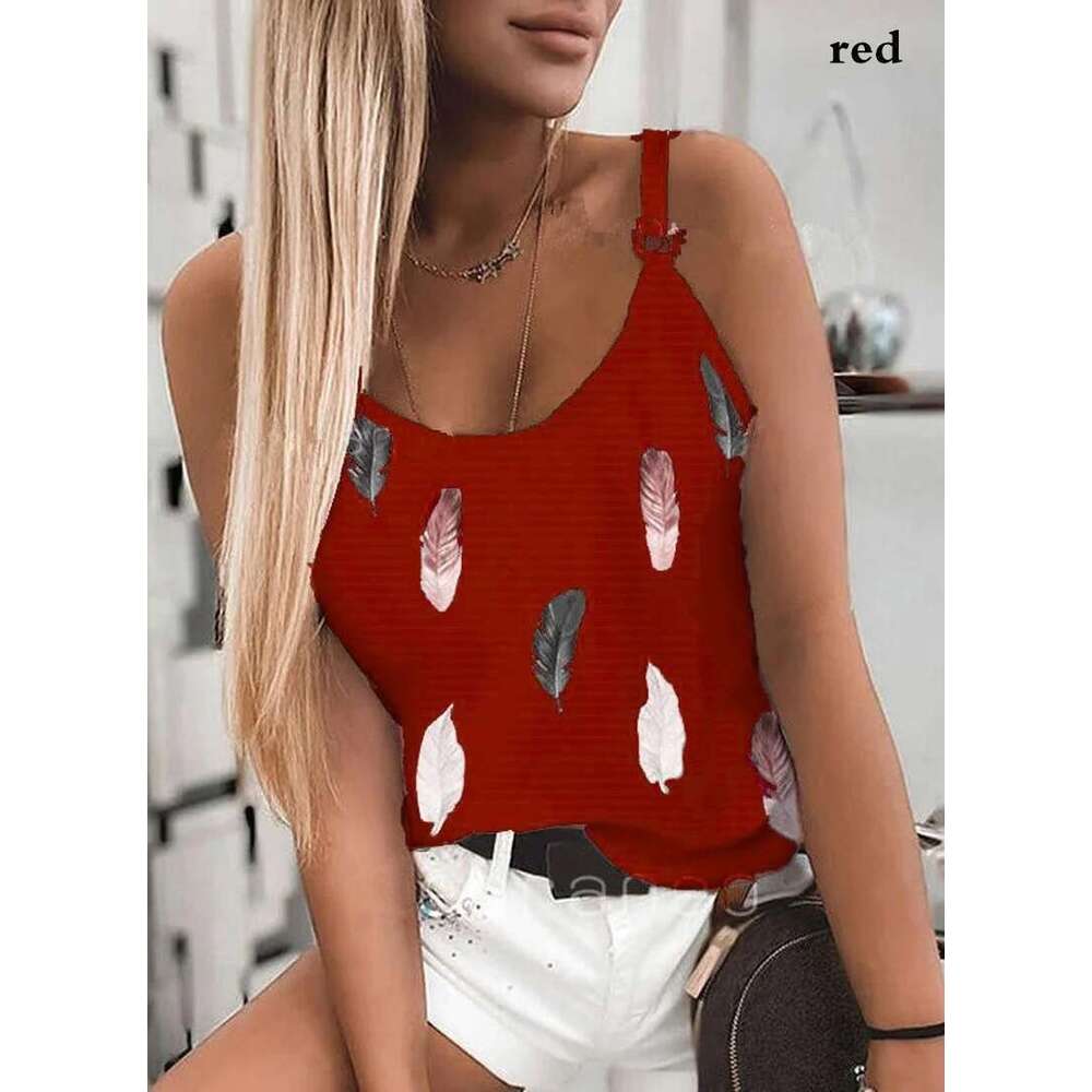 Women Wear 2025 New Pattern Fashion T-Shirt Summer Casual Feather Print Sleeveless Tank Tops Camisole Coat