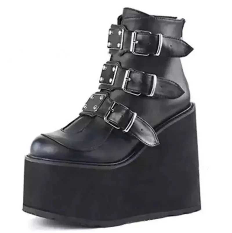 Gothic Ankle Boots for Women Motorcycle Boots Platform Wedge Super Women Boots Pumps Autumn Ladies Belt Round Lolita Punk Shoes Z250303