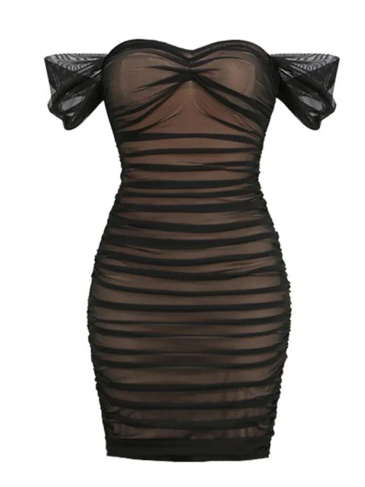 Summer Women Sexy Off Shoulder Mesh Ruched Black Elegant Prom Celebrity Bodycon Party Dress Vestido