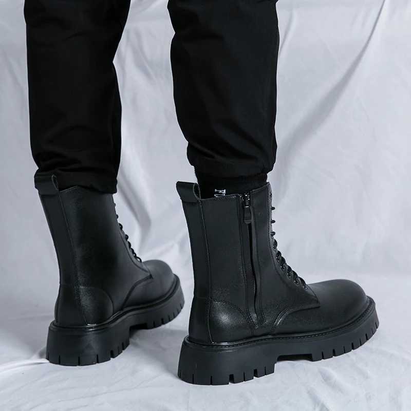 Black ankle mens lace up boots zipper Pu safety shoes motorcycle boots gray brown platform boots Z250303