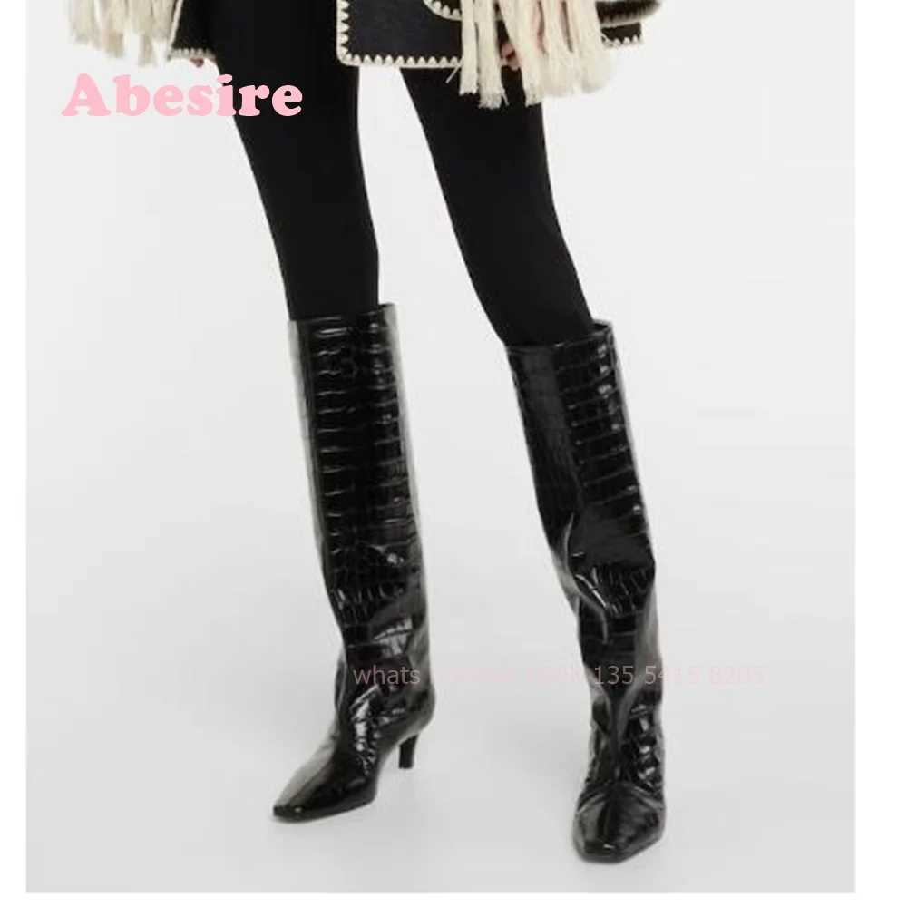 Croc-Effect Leather Knee-High Boots Square Toe Kitten Heel Slip On Womens Boots 2024 Winter Luxury Casual Shoes Black Solid Z250303