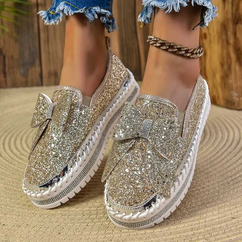 Shoes Women New Flats Sequined Sneakers Casual Women Lace-up Fine Diamond Sequins Platform Vulcanized Shoes M250303