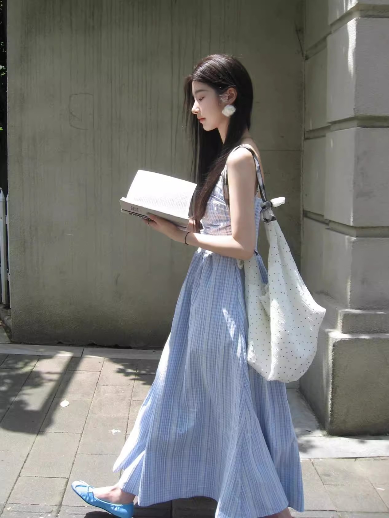 G233 Blue plaid tube top suspender dress female summer French high-end waist niche slim long skirt