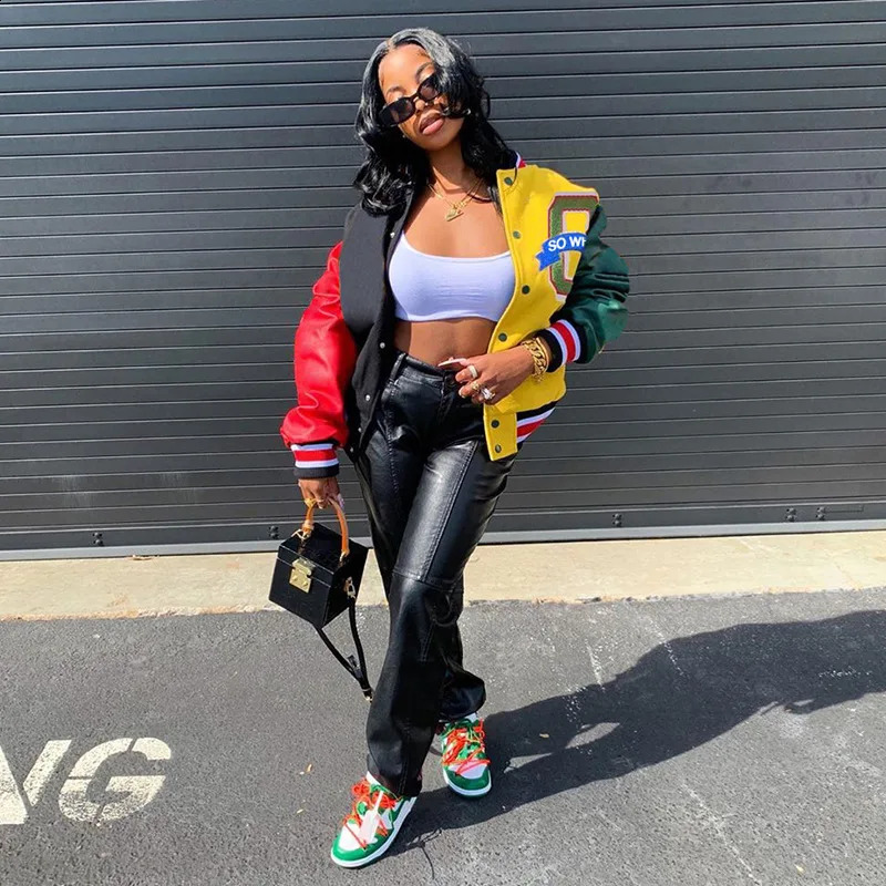 Fall Winter Print Patchwork Yellow Jackets For Women Long Sleeve Varsity Jacket Buttons Loose Baseball 250228