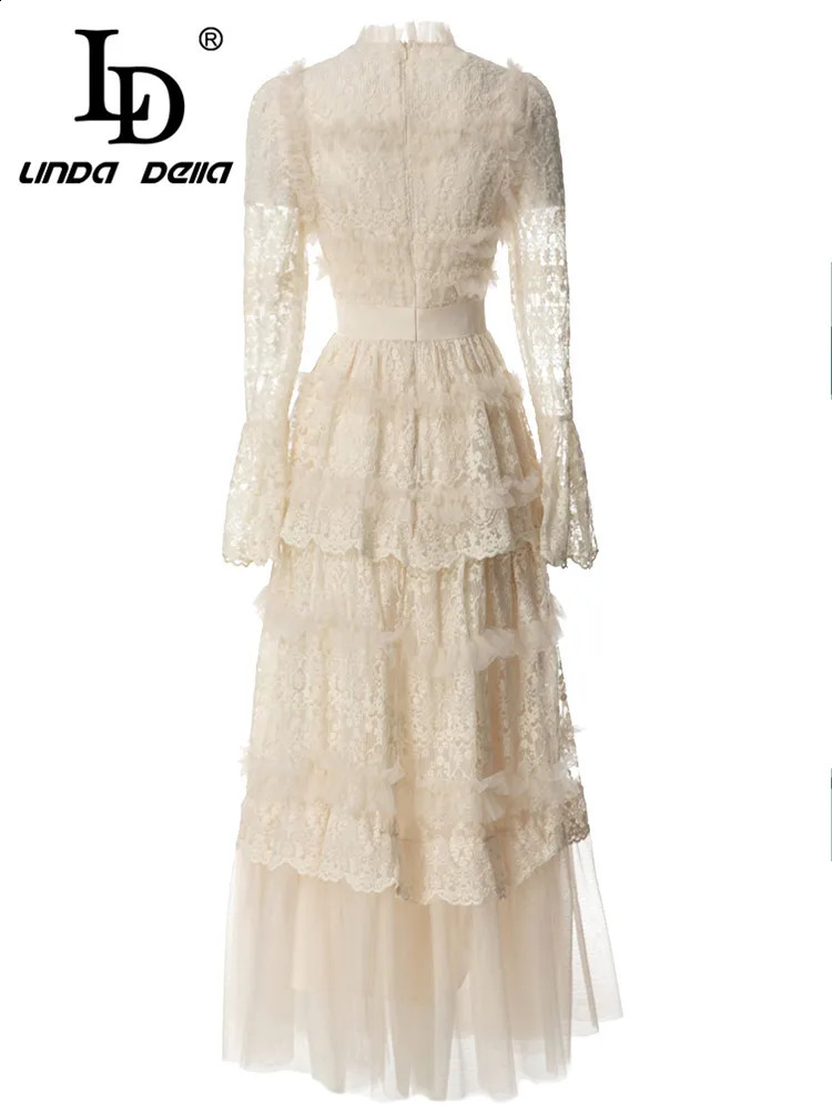 LD LINDA DELLA Summer Fashion Runway Vintage Dress Womens White Hollow Out Print Tierred Draped Slim Fit Party 250228