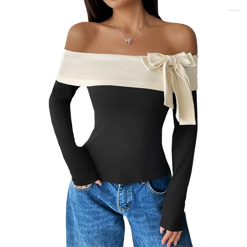 Women's T Shirts Off-Shoulder One-Shoulder Neck Bow T-Shirt 2025 European And American Top For Women