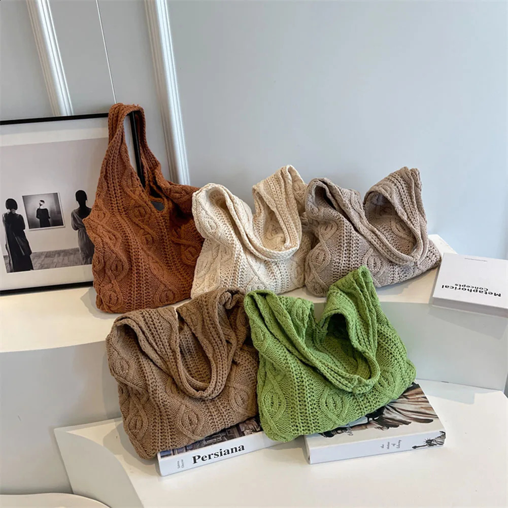 Ship from US Wool Knitted Shoulder Bag Womens Retro Cotton Handbag Shopping 250303FBB