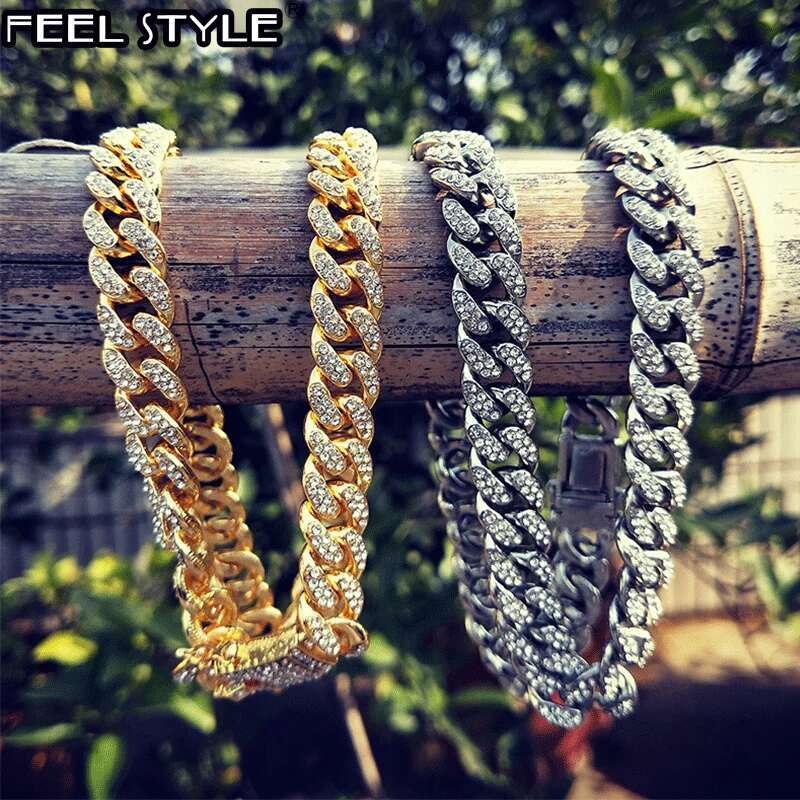 Iced Out Paved Rhies 1Set 13MM Sier Color Full Miami Curb Cuban Chain CZ Bg Rapper Necklaces For Men Hip Hop Jewelry