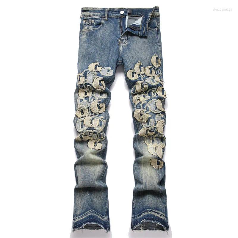 Men's Jeans Fashion High Street Patched Pants Streetwear Bell Bottom Denim Trousers With Patchwork Stretchy Bootcut Bottoms