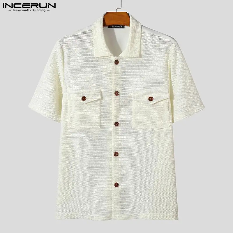 Stylish Streetwear Style Tops INCERUN Mens Mesh Hollow Double Pocket Shirts Casual Solid Short Sleeved Blouse S-5XL 250224