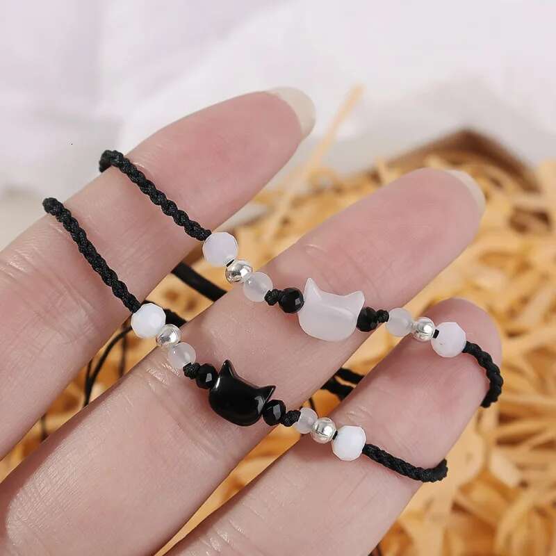 2pcs Natural Moonstone Obsidian Bracelets Couple Minimalist Handmade Cute Black White Cat Bracelet Party Jewelry Gifts