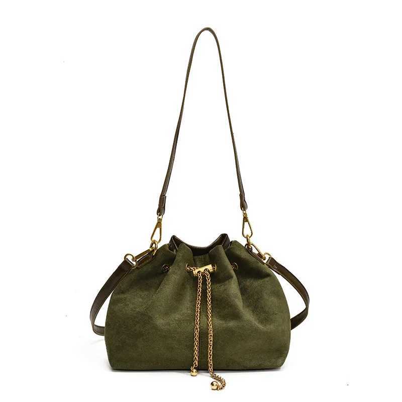 Brand Designer PU Leather and Faux Suede Patchwork Womens Shoulder Bag Retro Chain Crossbody Bag Bucket Handbag Y250303