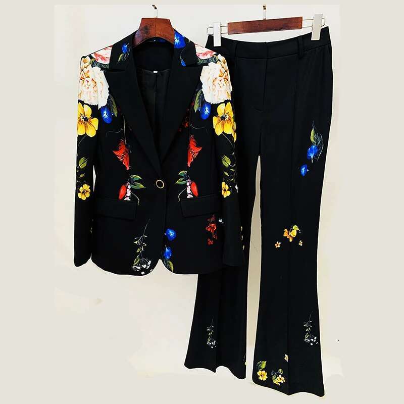 Elegant Temperament Ladies' Suit Autumn Wer Printed Single Button Blazer Coat High Waist Long Flare Pants Two Pieces Sets