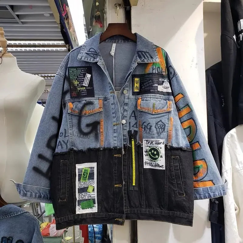 Autumn Winter Creative Patchwork Graffiti Pattern Denim Coat Spliced Jeans Jacket Cowboy Cardigan Crop Tops Chaquetas 250228