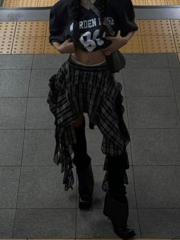 General Streetwear Plaid Skirt Women Korean Fashion Irregular Gothic Clothing A-line High Waist Skirts For Woman Y2k Bottom 250228