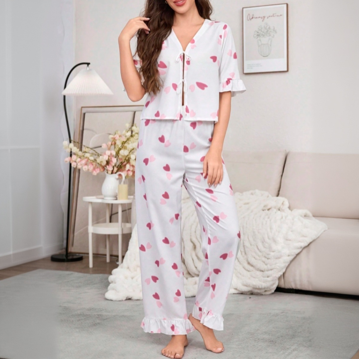 B745-Thin chiffon women's home clothes spring and autumn tie-up long trousers heart print simple ladies pajamas