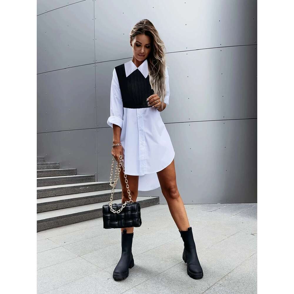 Women's Wear Textured Colorblock Polo Collar Blouse, Elegant Long Sleeve Blouse For Spring & Fall, Women's Clothing