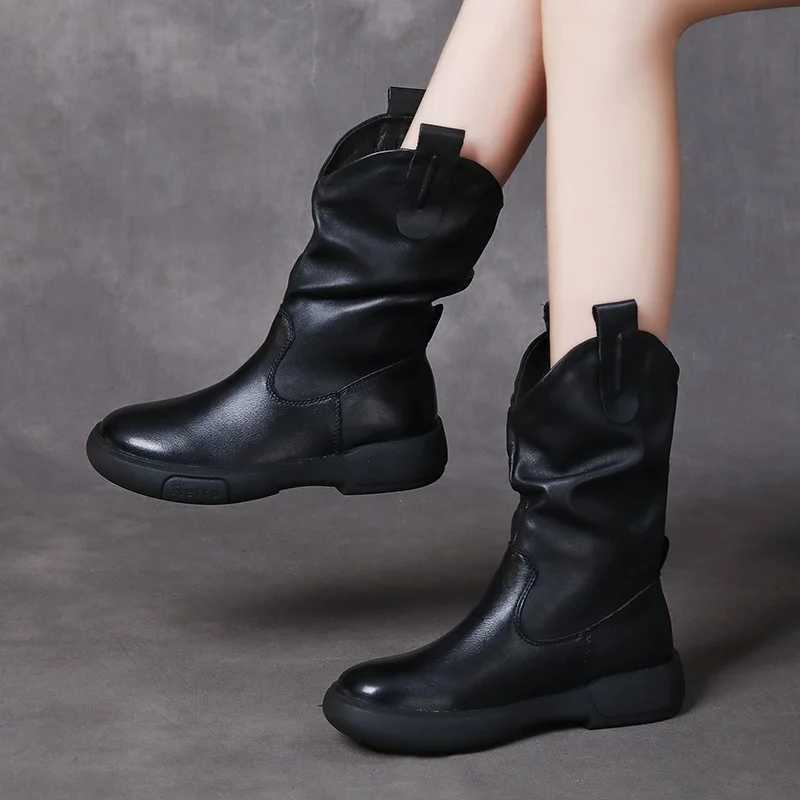 DRKANOL Luxury Genuine Leather Mid-Calf Boots Women Genuine Leather Waterproof Rubber Sole Non-Slip Street Style Slip-On boots Z250303